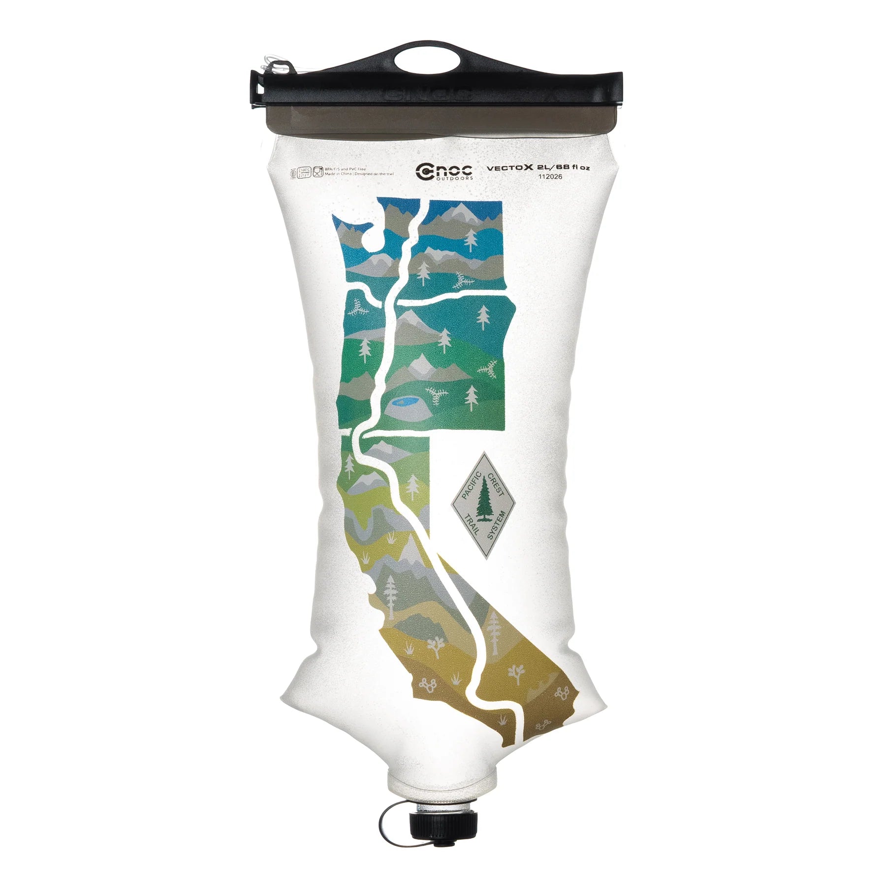 Clear VectoX Water container with a PCT map design and black cap on a white background