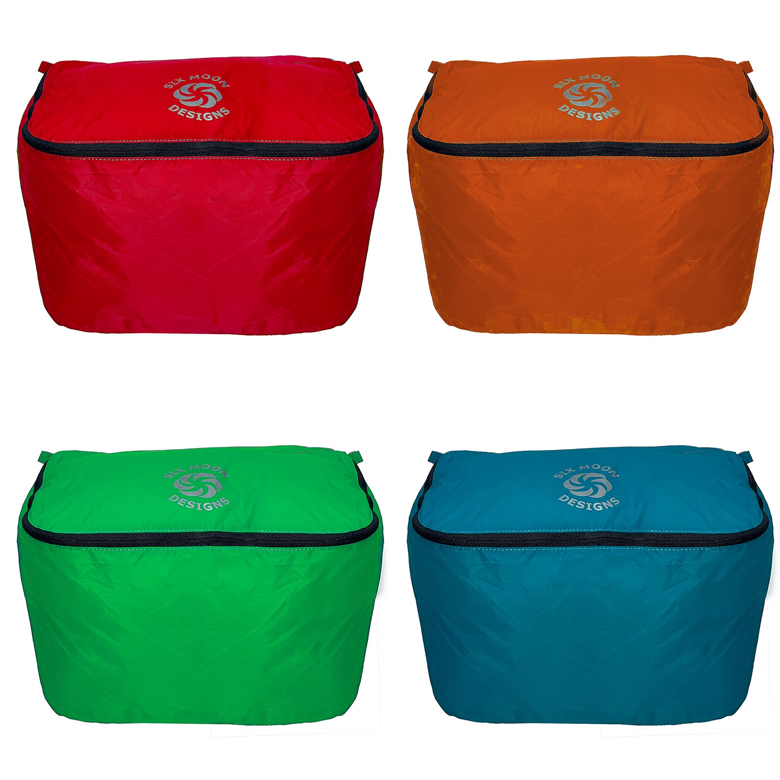 All 4 colors of packing pod XL.  Red, Orange, Green, Blue