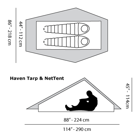 Haven 2 Person Ultralight Tarp diagram showing size specifications
