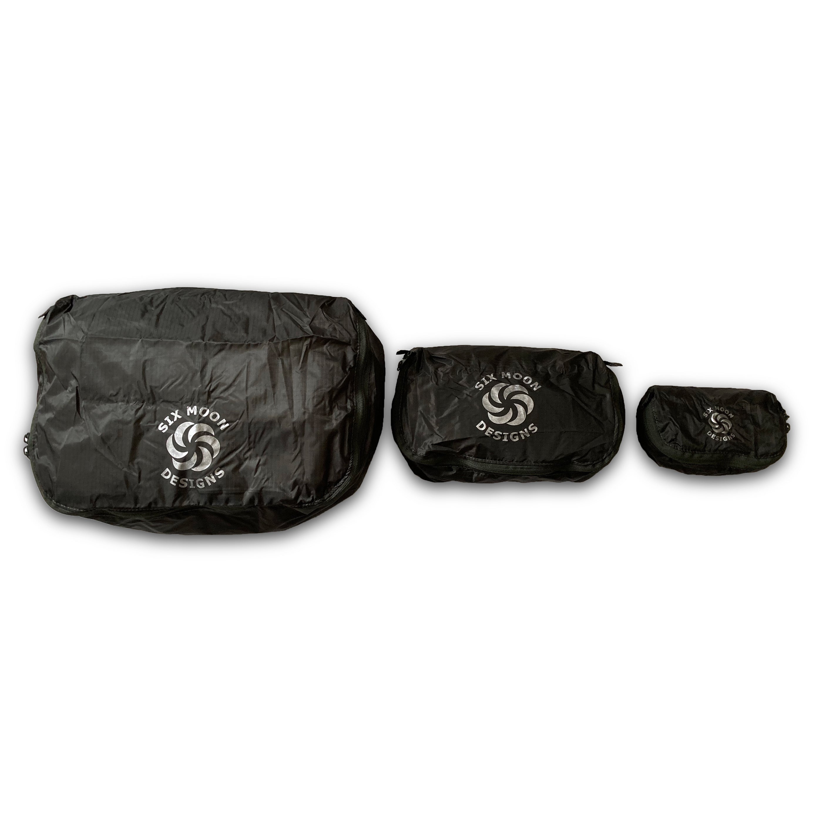 Carbon Six Moon Designs Pack Pod stuff sacks in all three sizes side by side