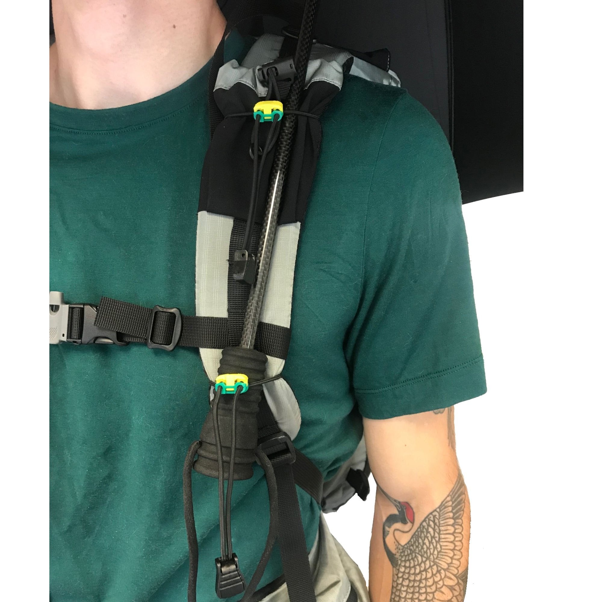 Hands Free Umbrella Kit on a shoulder strap being worn by a person