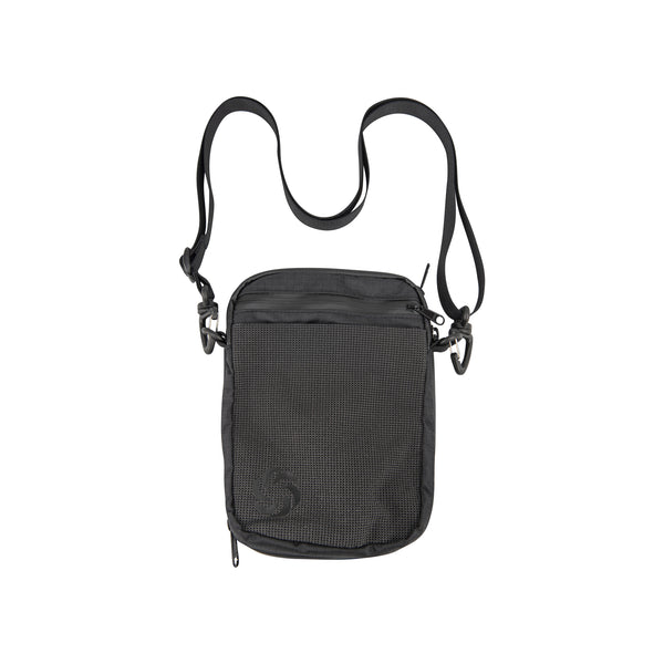 Black crossbody Passport Pouch with a strap on a white background