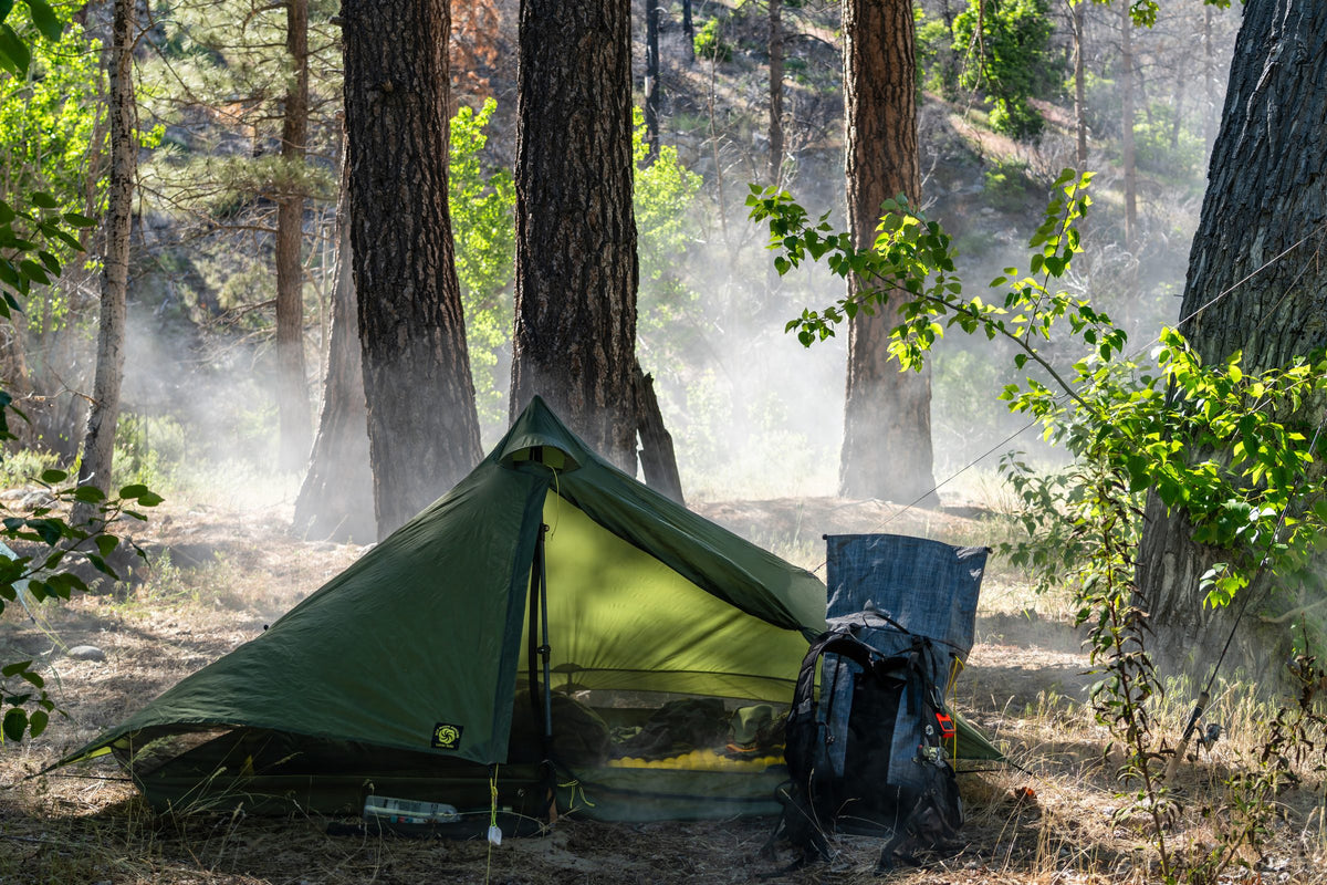 Green Lunar Solo with a backpack beside it in a misty, sunlit forest