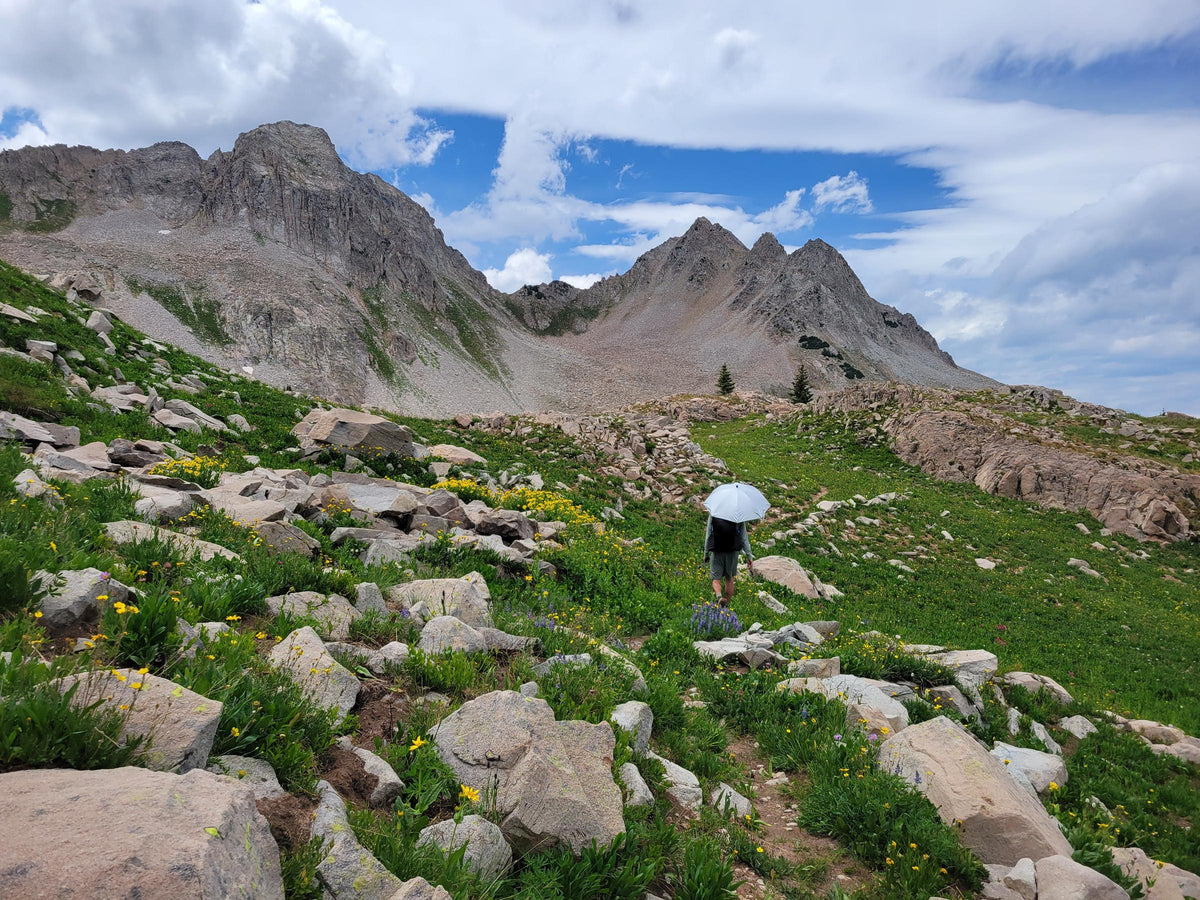 Hiker with a Silver Shadow umbrella among wildflowers and boulders below a jagged peak