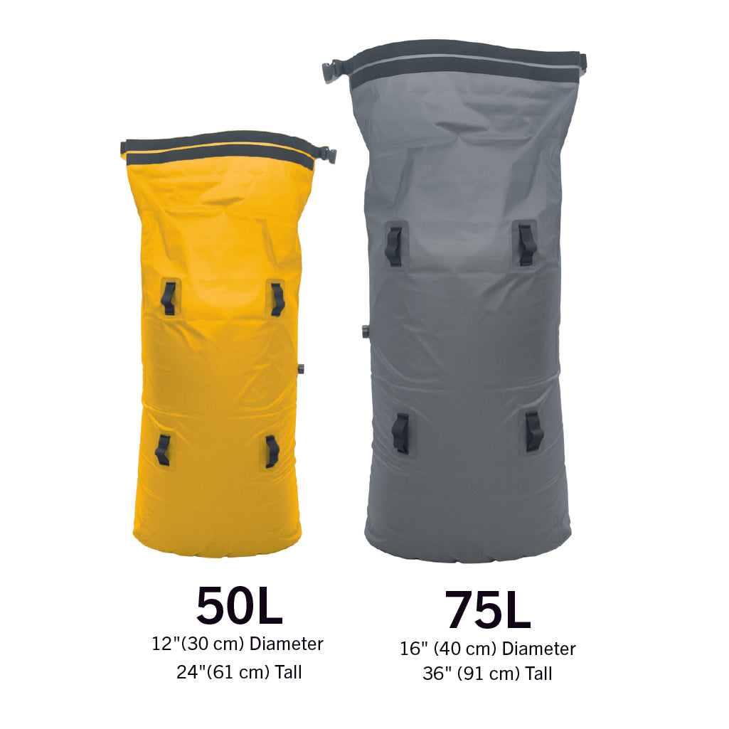 yellow 50L drybag & gray 75L drybag
