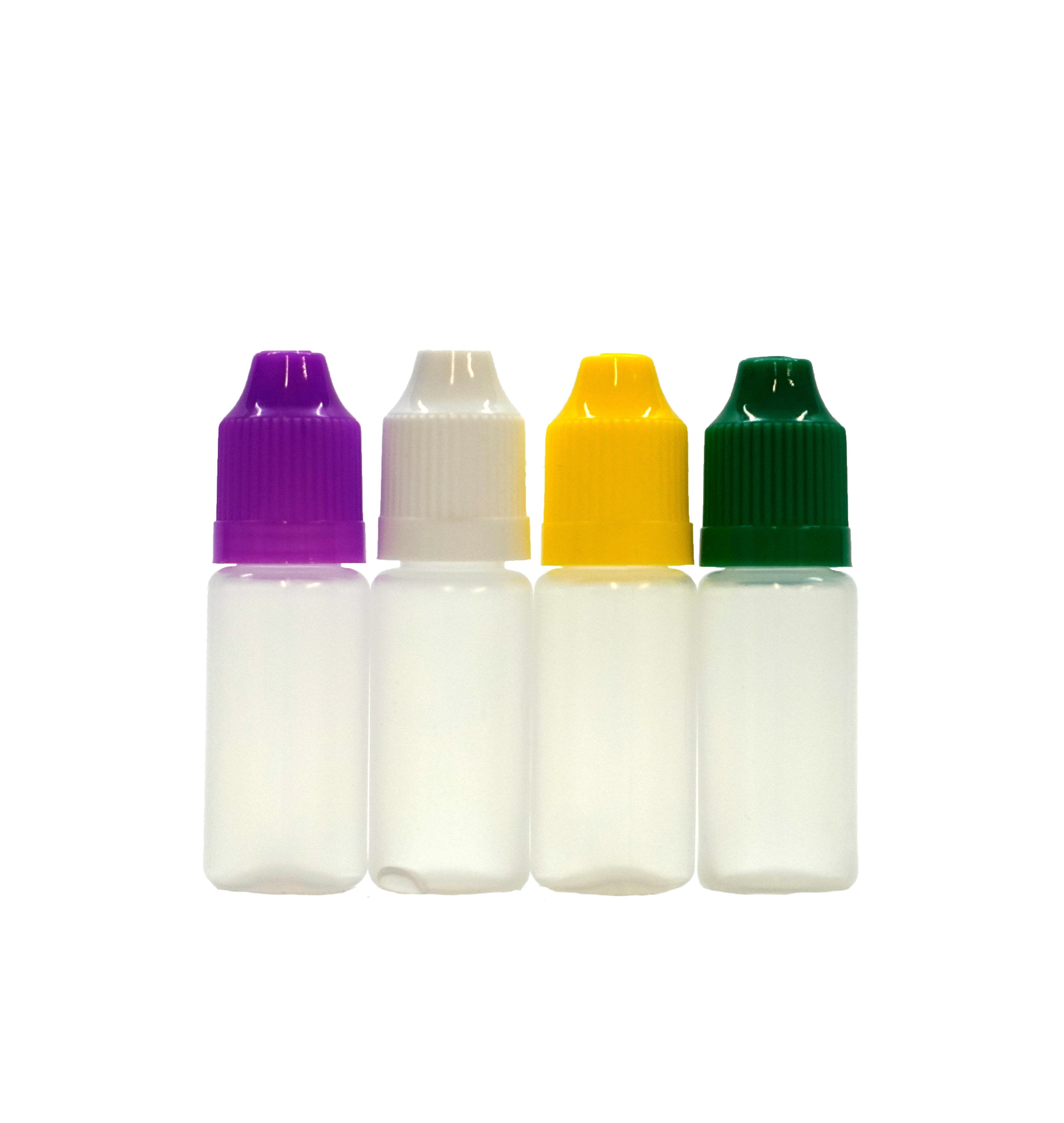 4 dropper bottles, each with different color lids