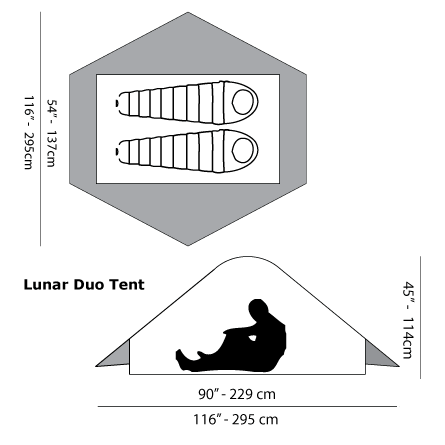 Lunar Duo 2 Person Ultralight Tent diagram showing size specifications