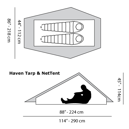 Haven  2 Person Ultralight Tarp diagram showing size specifications