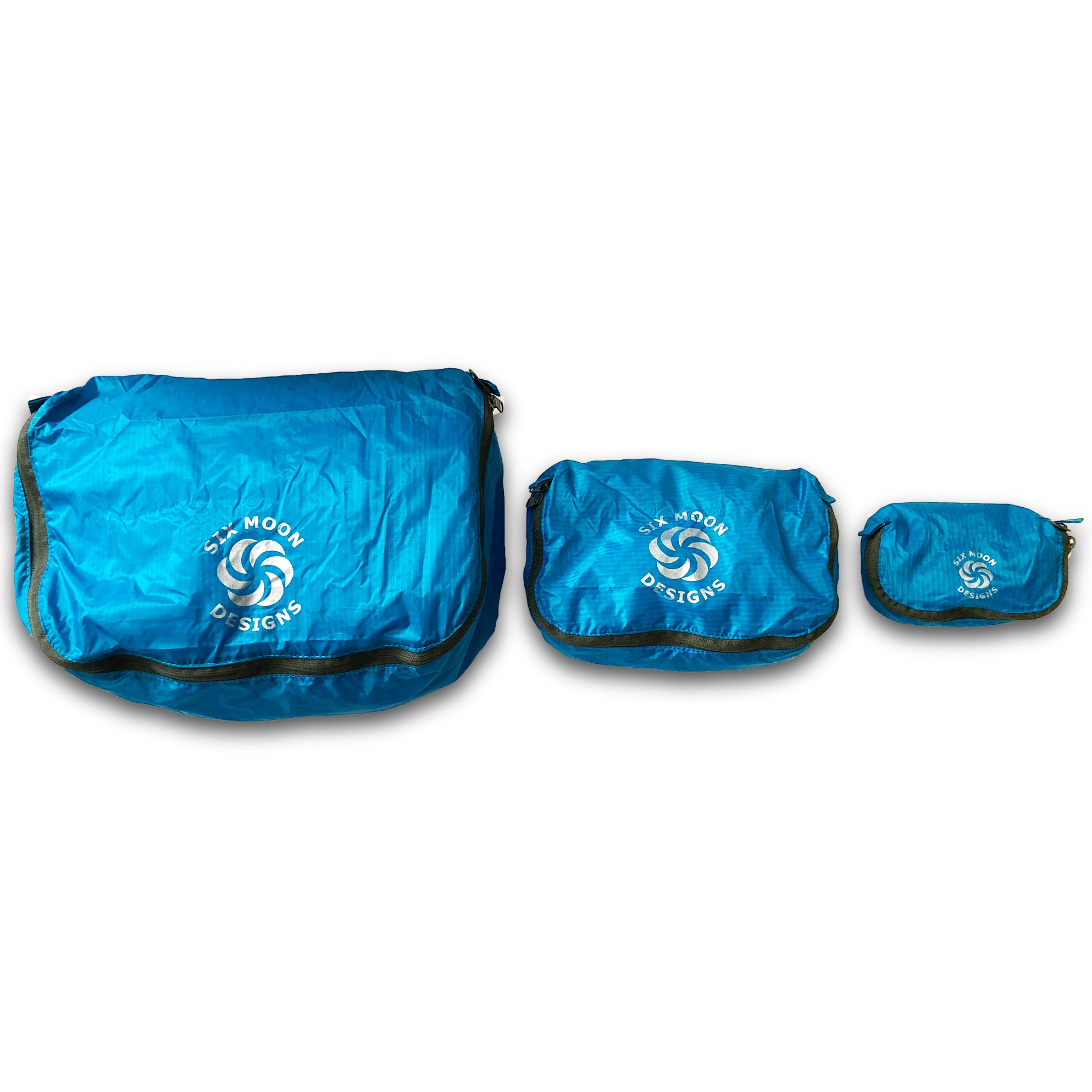 Blue Six Moon Designs Pack Pod stuff sacks in all three sizes side by side