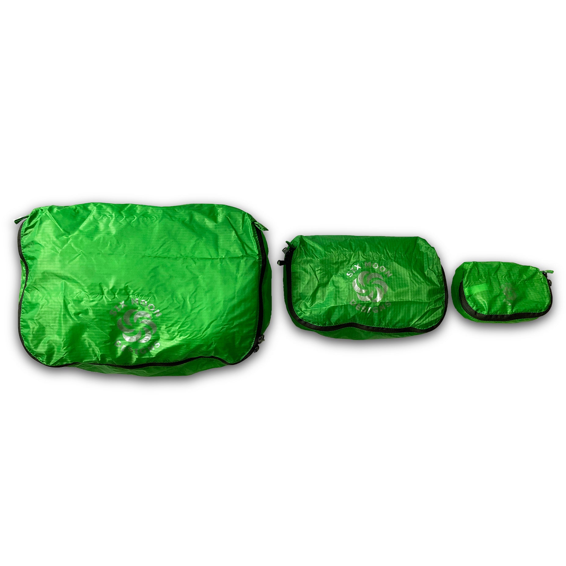 Green Six Moon Designs Pack Pod stuff sacks in all three sizes side by side