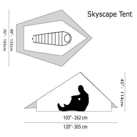 Skyscape Scout Ultralight 1 Person Tent diagram with size specifications