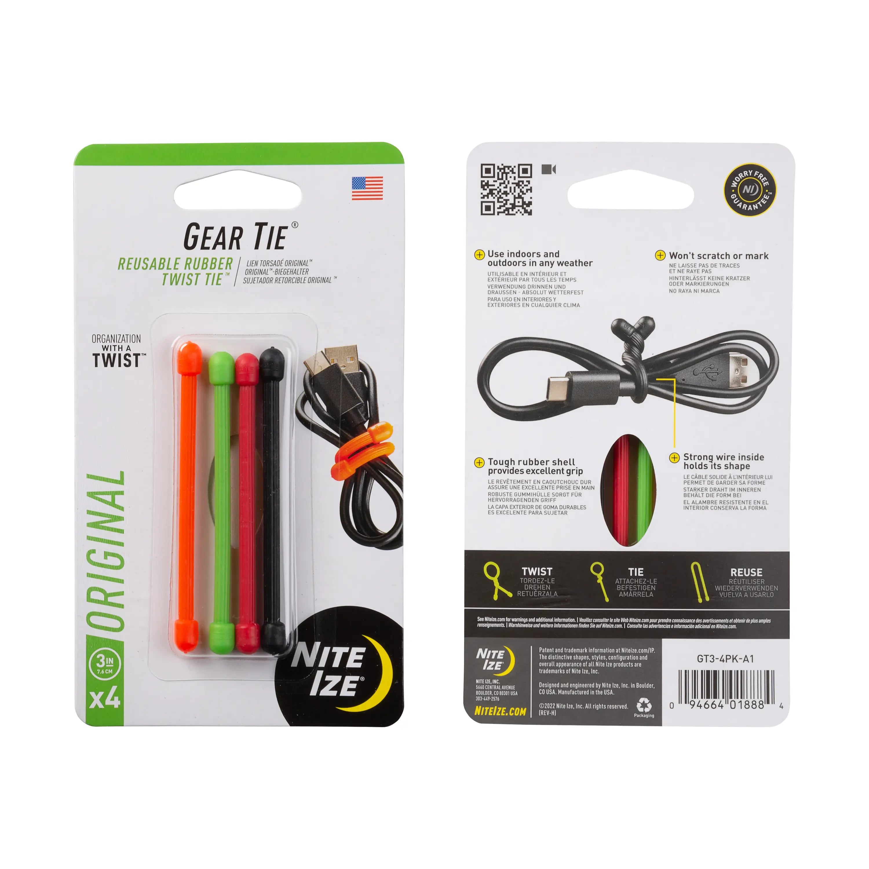 Nite Ize Gear Tie Rubber Twist Tie 3" - Assorted 4 pack